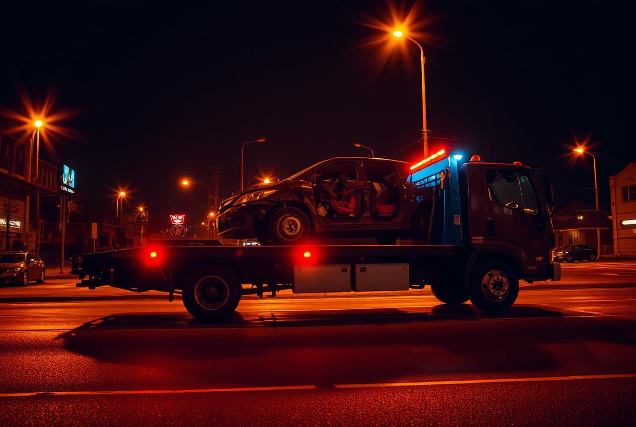 Flatbed tow truck loading a junk car at night in Ann Arbor, Michigan